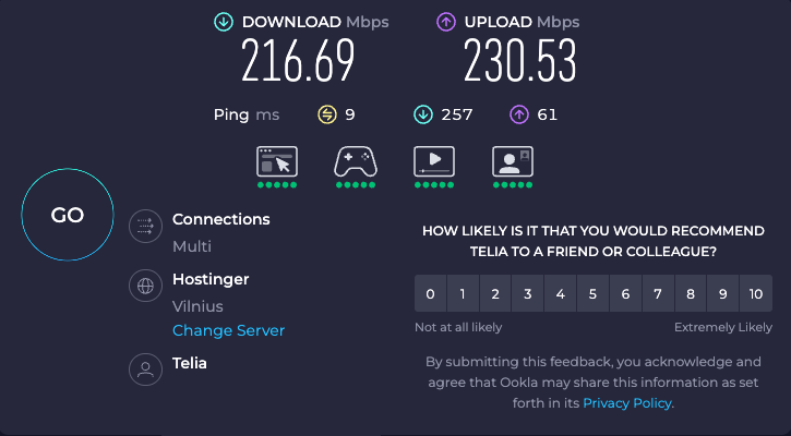 Ookla speed test results without VPN