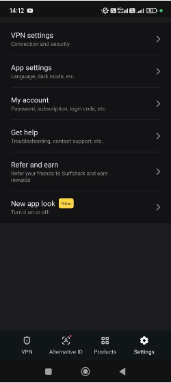 Surfshark app-indstillinger på Android