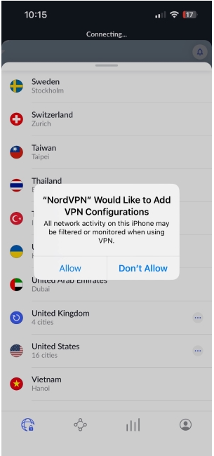 Tilladelse til at NordVPN tilføjer VPN-konfigurationer på iPhone
