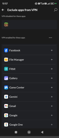 Valg af apps der skal bruge VPN via Split Tunneling