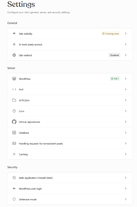 WordPress hosting settings page