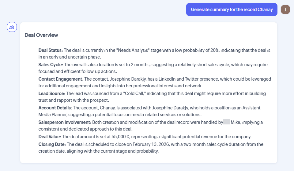 Zoho AI chat interface