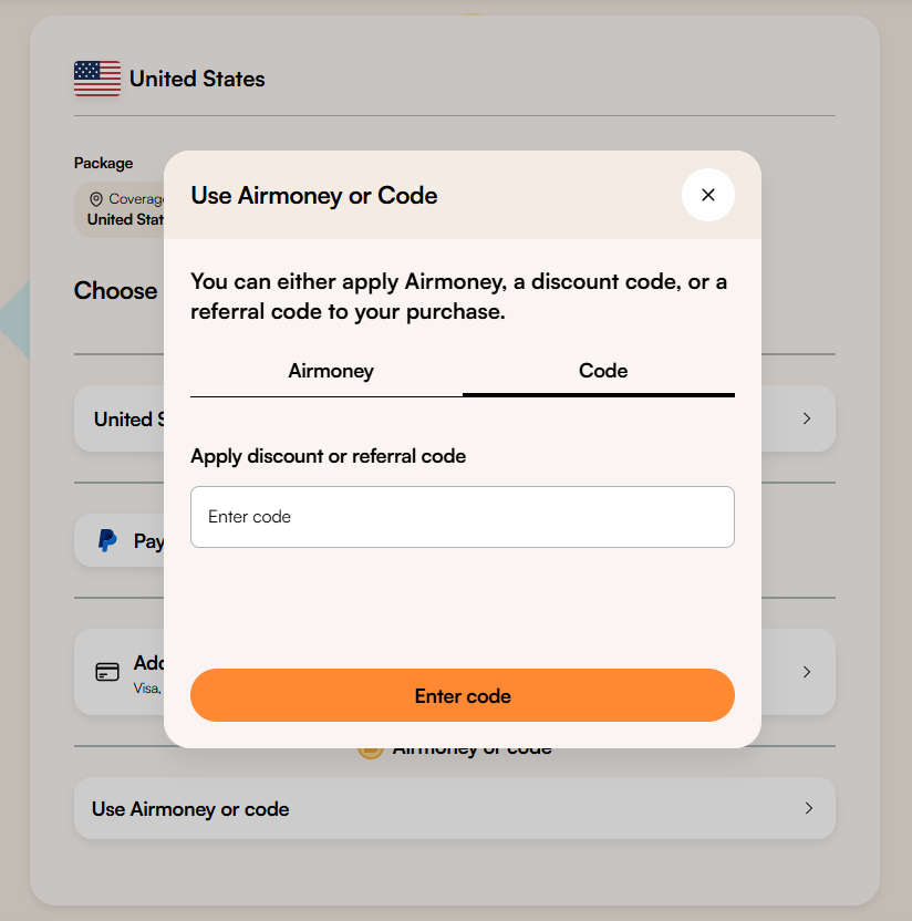 Airalo enter coupon code