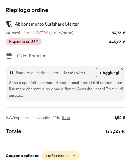 Surfshark coupon, pagina di pagamento