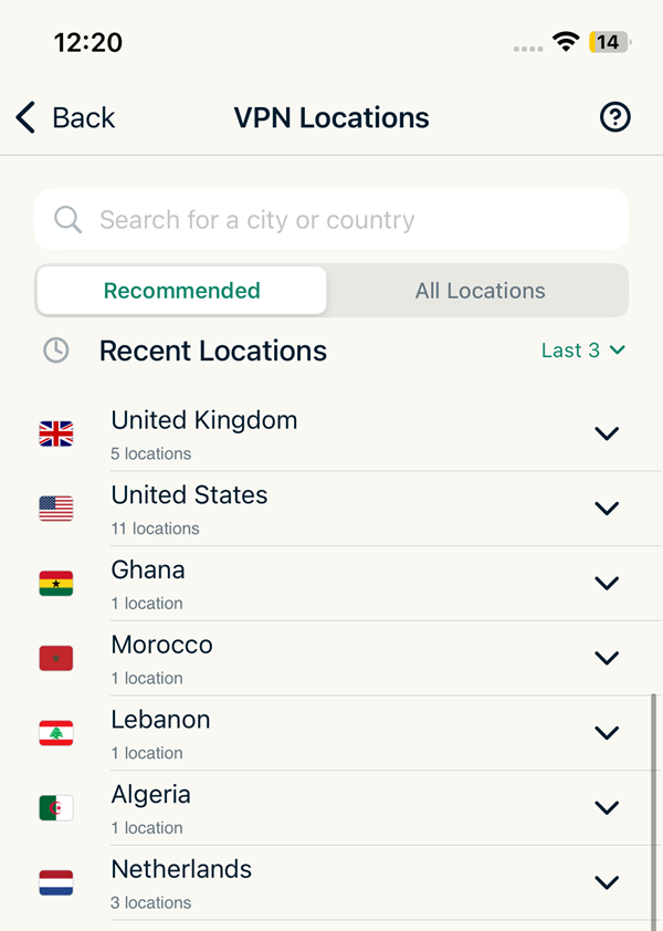 expressvpn locations mobile ui