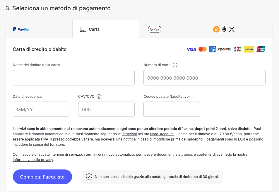 Scegli il metodo di pagamento