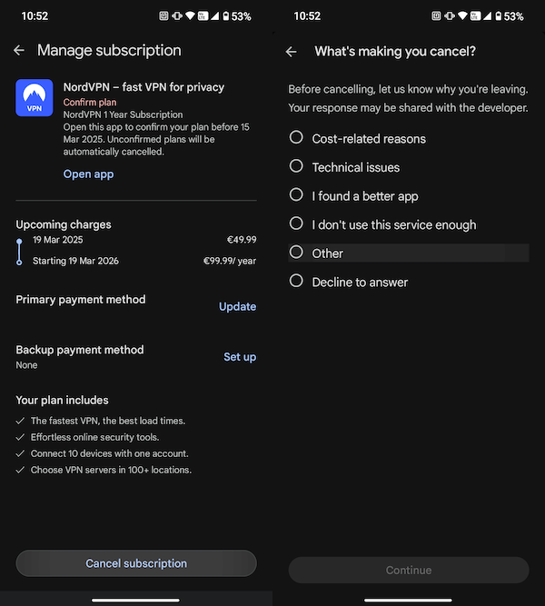 Cancelling NordVPN subscription on Google Play Store
