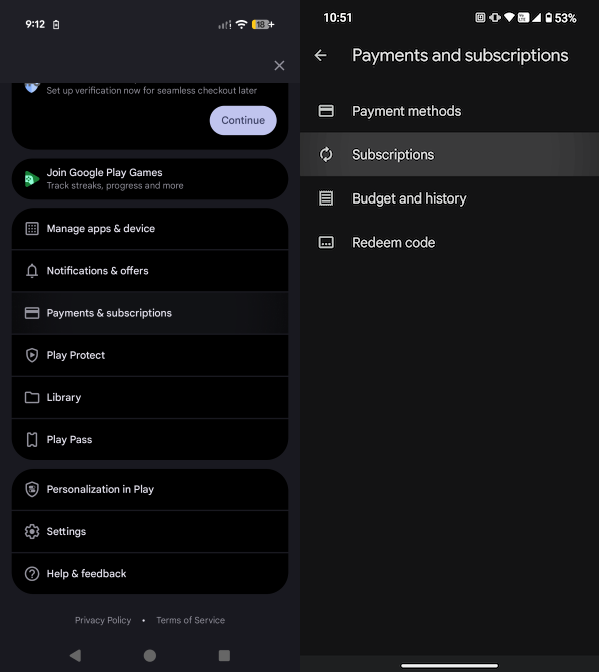 Google Play Store subscription settings