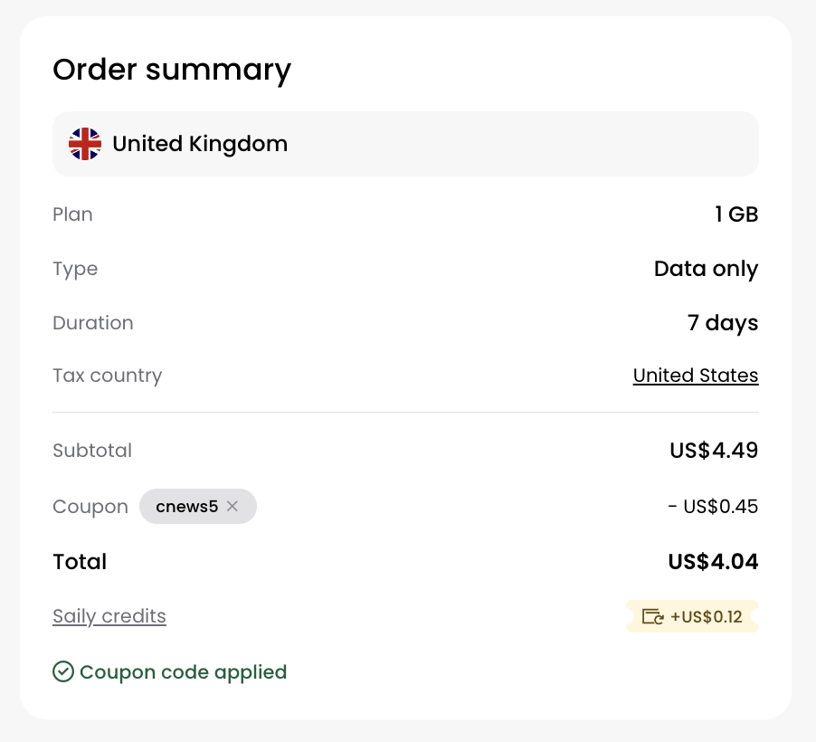 saily order summary UK March 2026