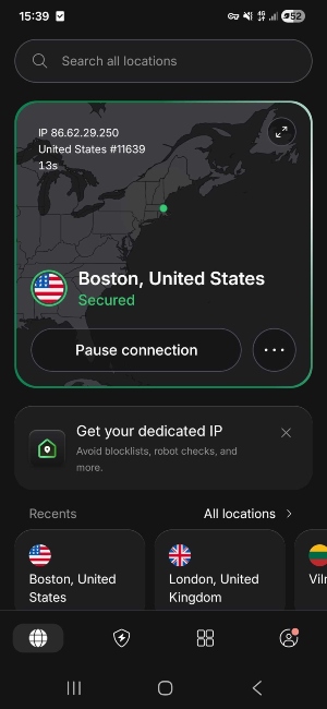 NordVPN mobile interface 2026