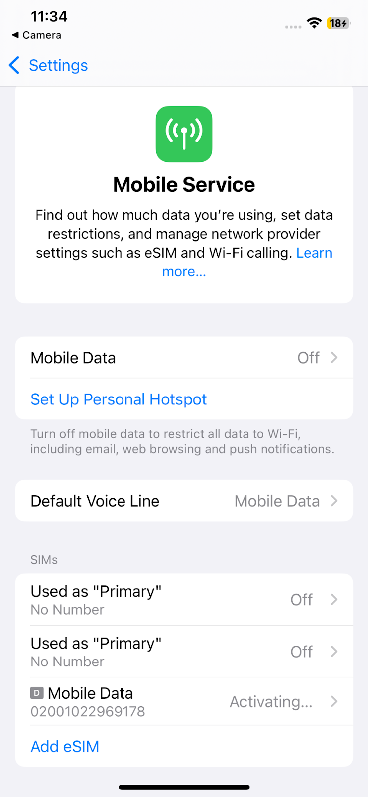 iPhone mobile settings page after installing eSIM