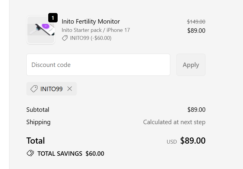 Inito Starter Kit checkout page