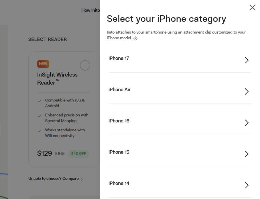 Inito Starter Kit selecting iPhone model