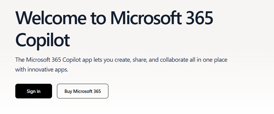 screenshot from Microsoft.com homepage, sign in black, welcome to microsoft 365 copilot
