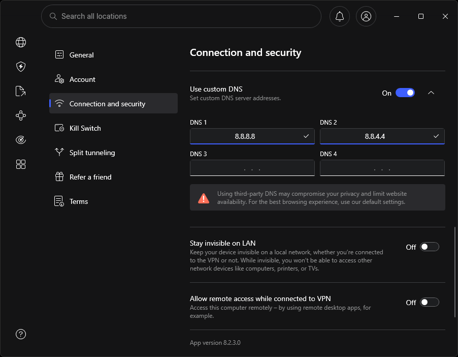 NordVPN Custom DNS settings new