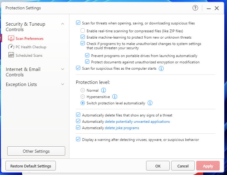 Trend Micro Scan Preferences interface