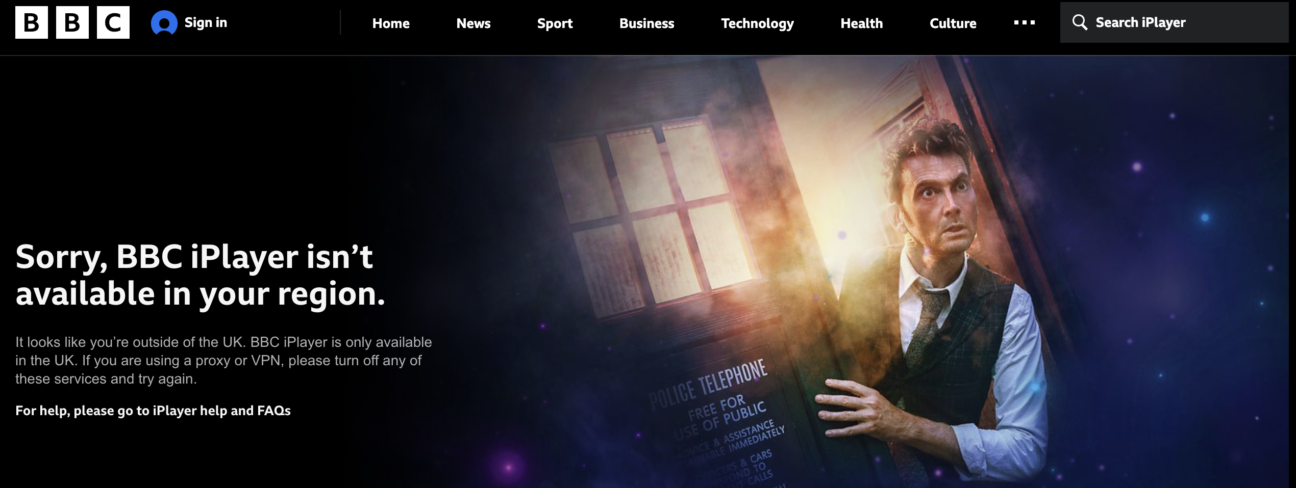 BBC iPlayer blocked screen showing geo-restriction message