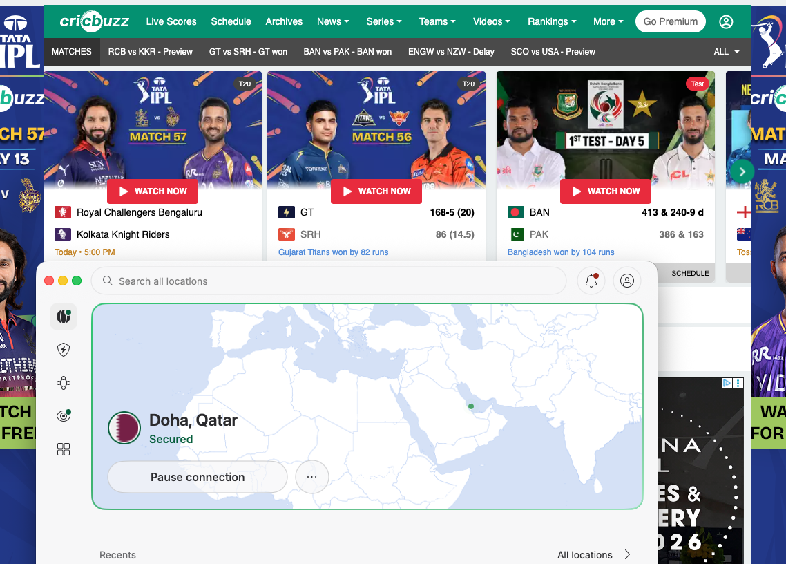 Cricbuzz+IPL+streaming+page+with+KKR+vs+MI+match+selection