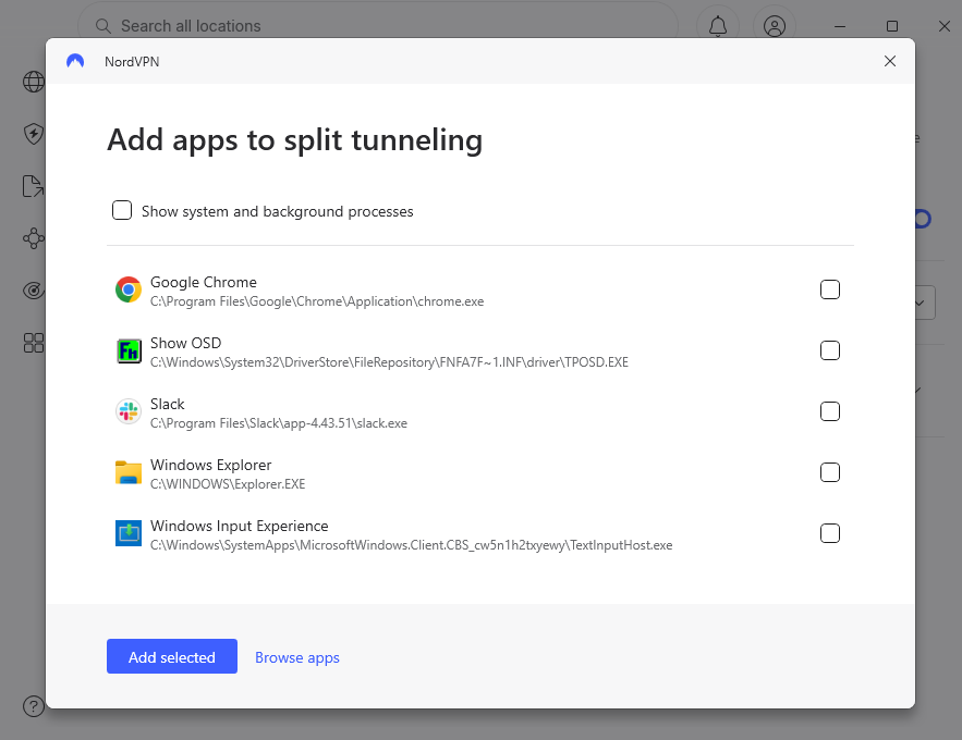 NordVPN Add apps to split tunneling