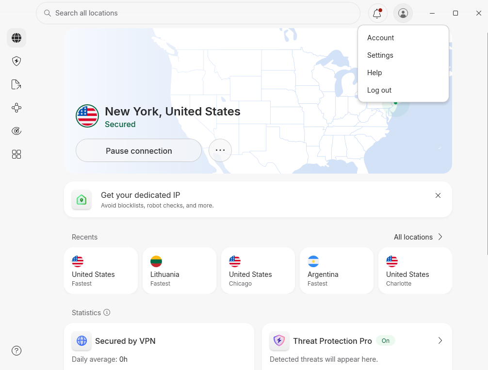NordVPN dashboard menu