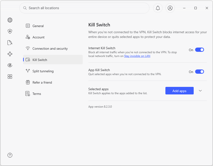NordVPN kill switch on Windows app