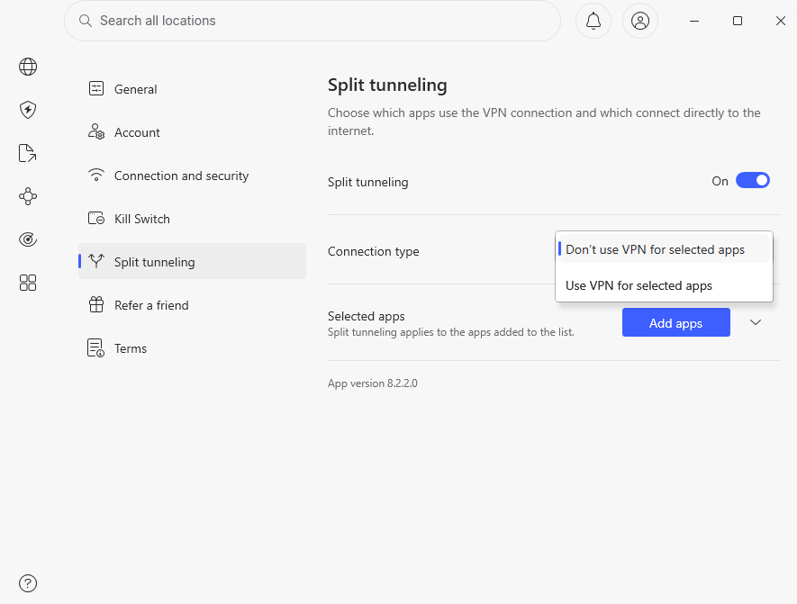 NordVPN Split tunneling connection type