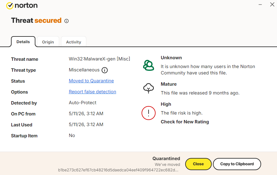 Norton malware detected