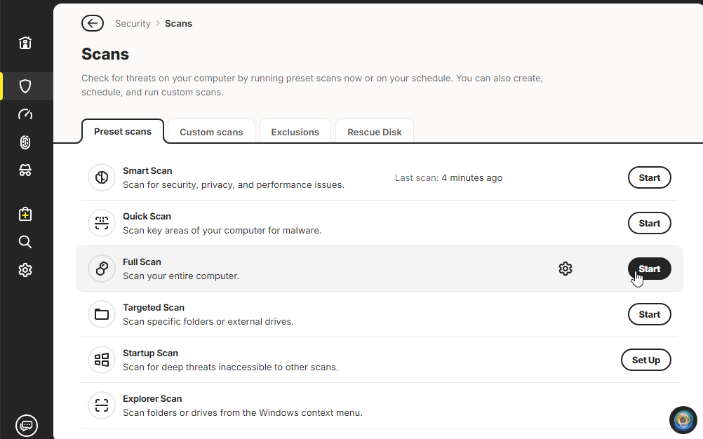 Norton scan selection