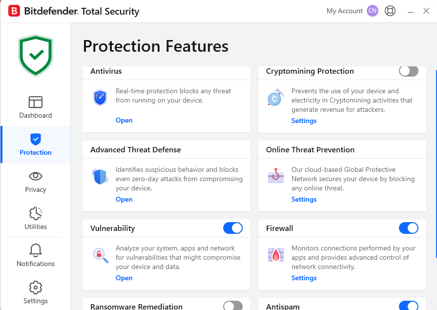 Bitdefender features protection