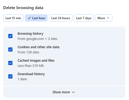 Delete browsing data window