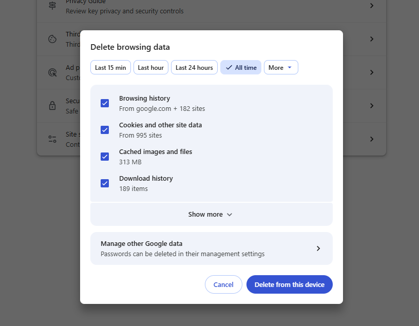 Deleting cache and cookies Chrome