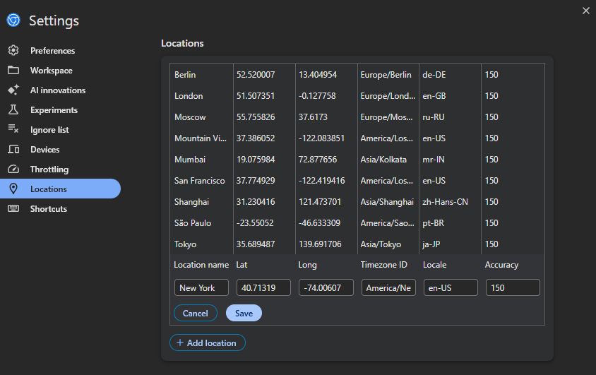 open location settings in developer tools