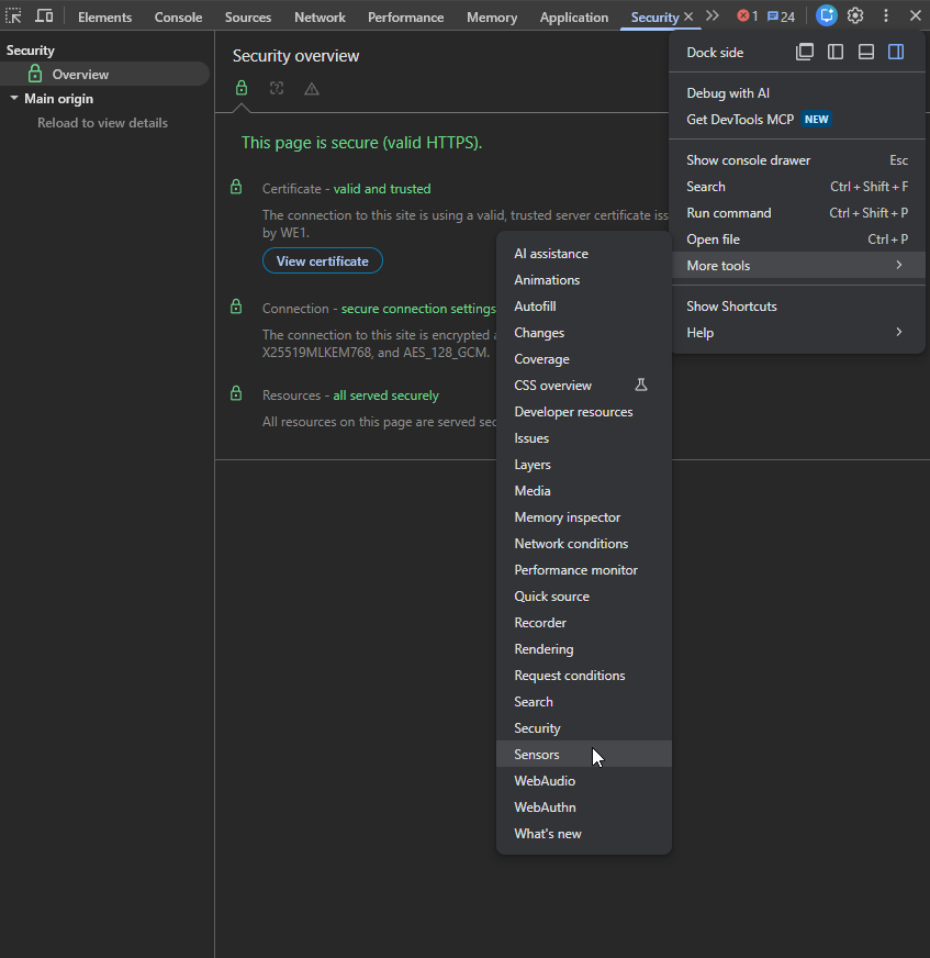Sensors settings in developer tools