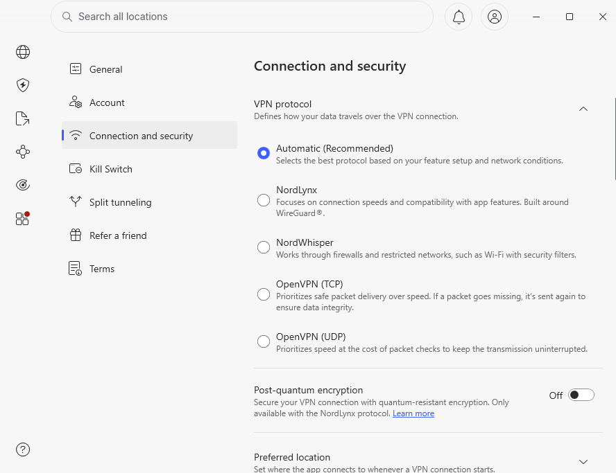 NordVPN protocol options in app