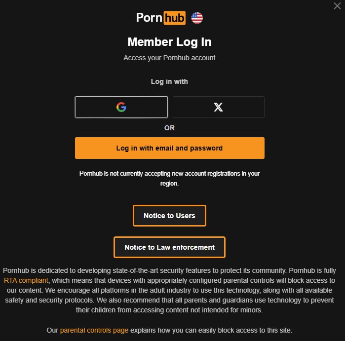 Pornhub is not currently accepting new account registrations in your region, notification in Iowa