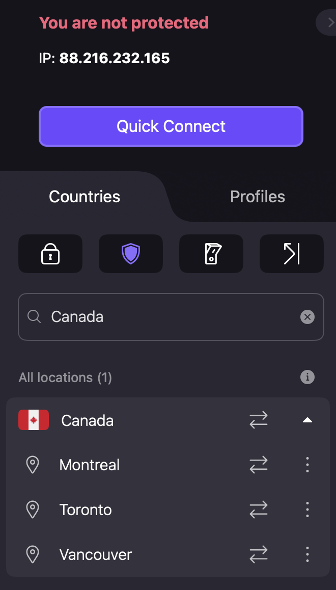 Selecting Canadian servers in Proton VPN