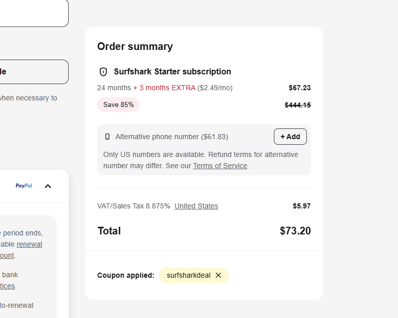 Surfshark Order Summary Starter plan