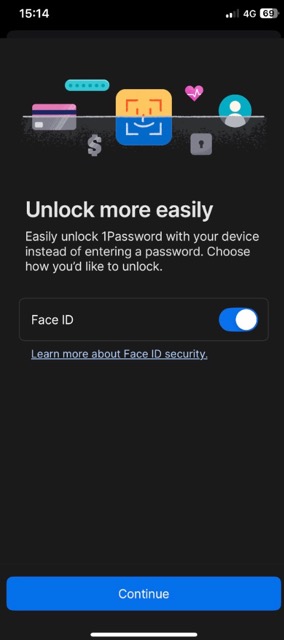 Biometric setup on 1Password mobile app