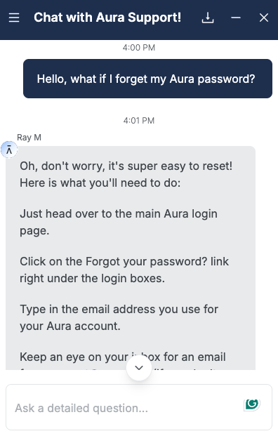 Live chat support conversation with Ray from Aura