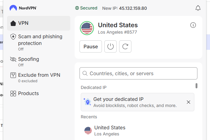 NordVPN server in California