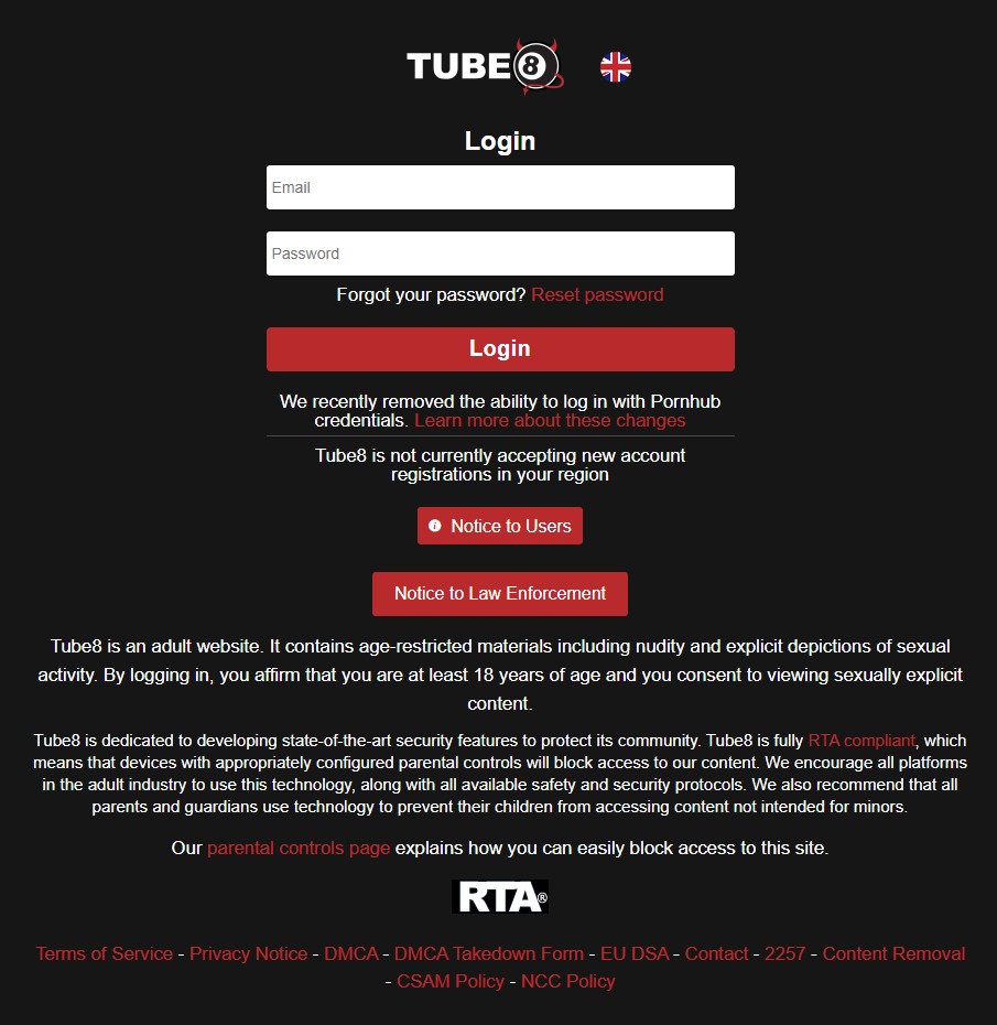 Tube8 is not currently accepting new account registrations in your region notification