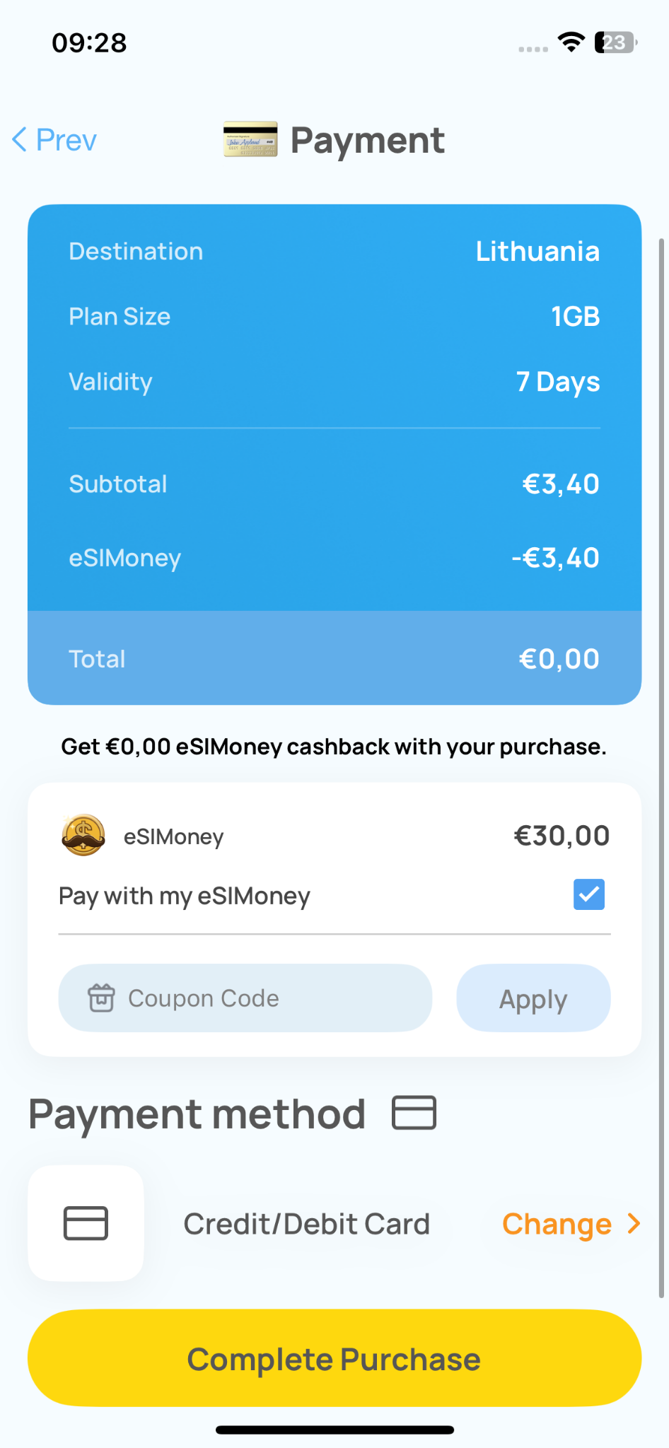 esimo checkout with esimoney credit