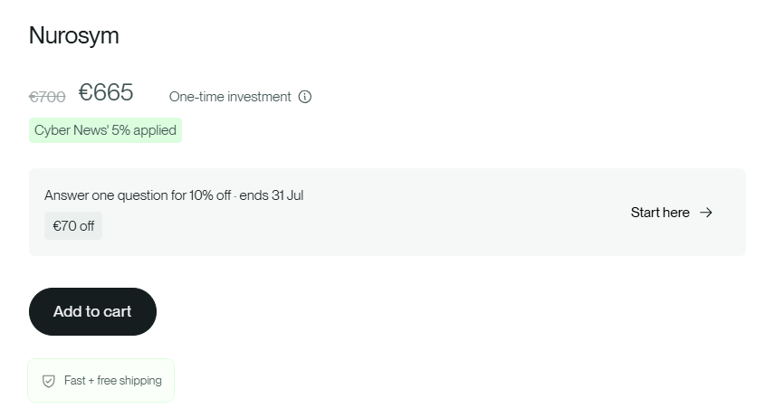 Nurosym coupon code applied in the checkout