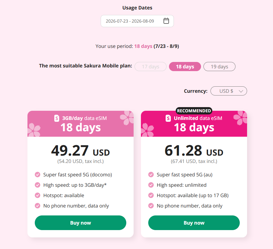 Sakura Mobile 3GB/day and unlimited plans and their pricing