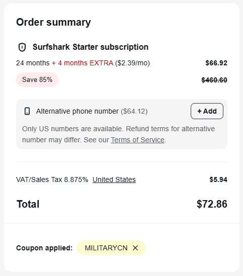 Surfshark order summary with military code applied