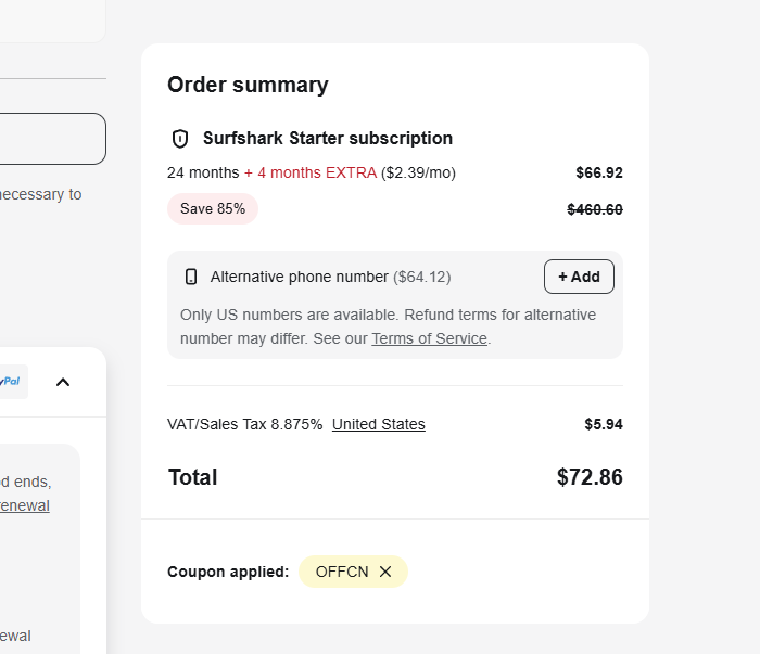 Surfshark order summary box code applied