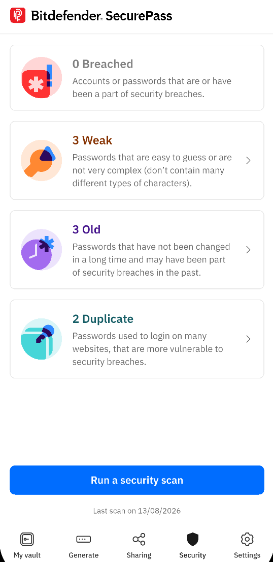 Bitdefender SecurePass Security report feature