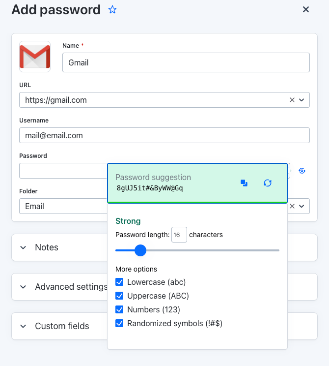LastPass password generator view