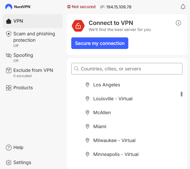 NordVPN servers for Kalshi in Washington