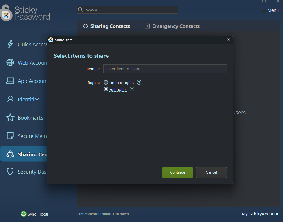 Sticky Password sharing centre